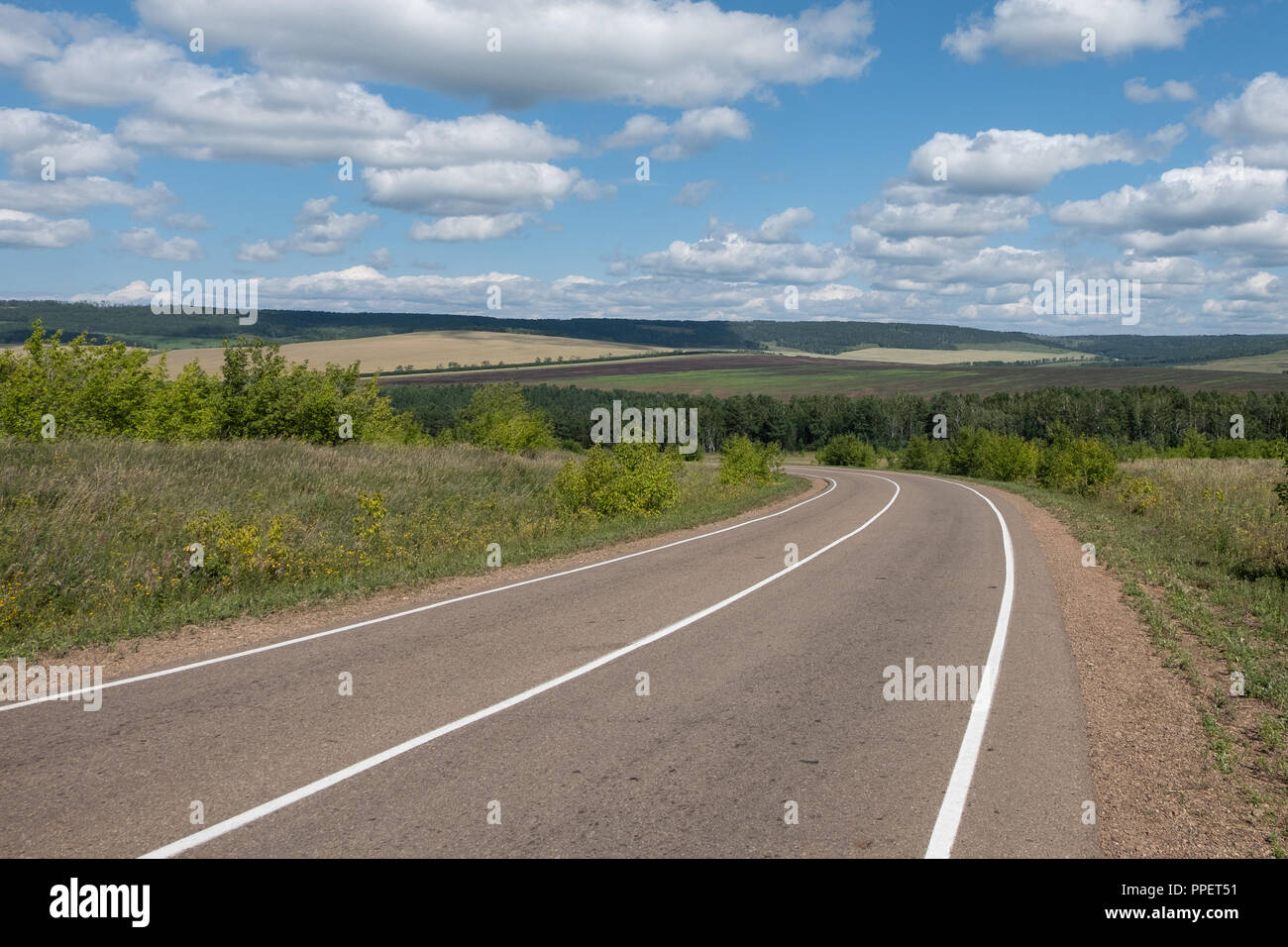 An asphalt road with white markings stretching into the distance, among ...