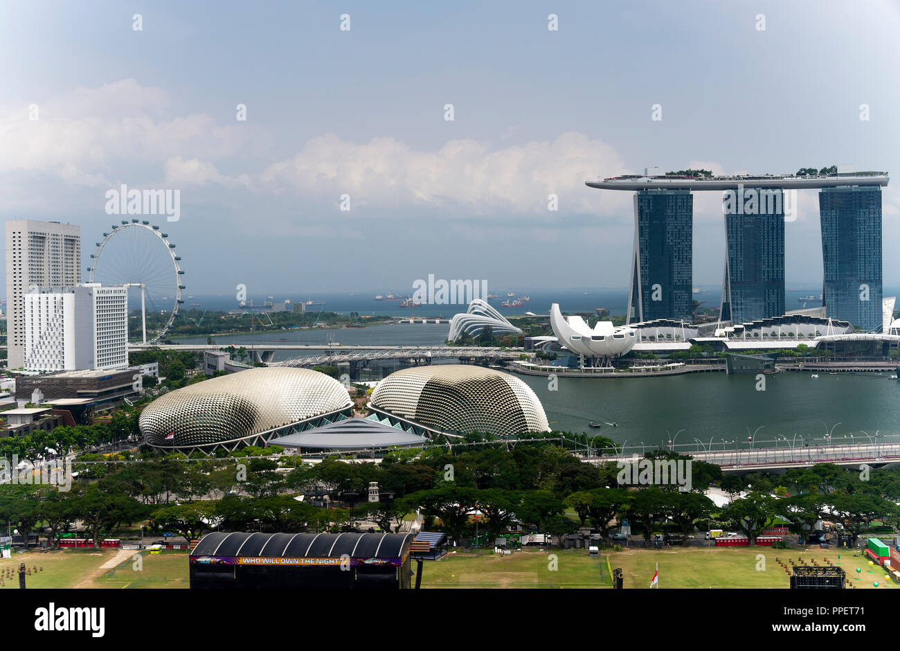 Aerial View of  The Padang, Esplanade Theatres, Singapore Flyer, Artscience Museum, Marina Bay Sands Hotel Complex Republic of Singapore Asia Stock Photo