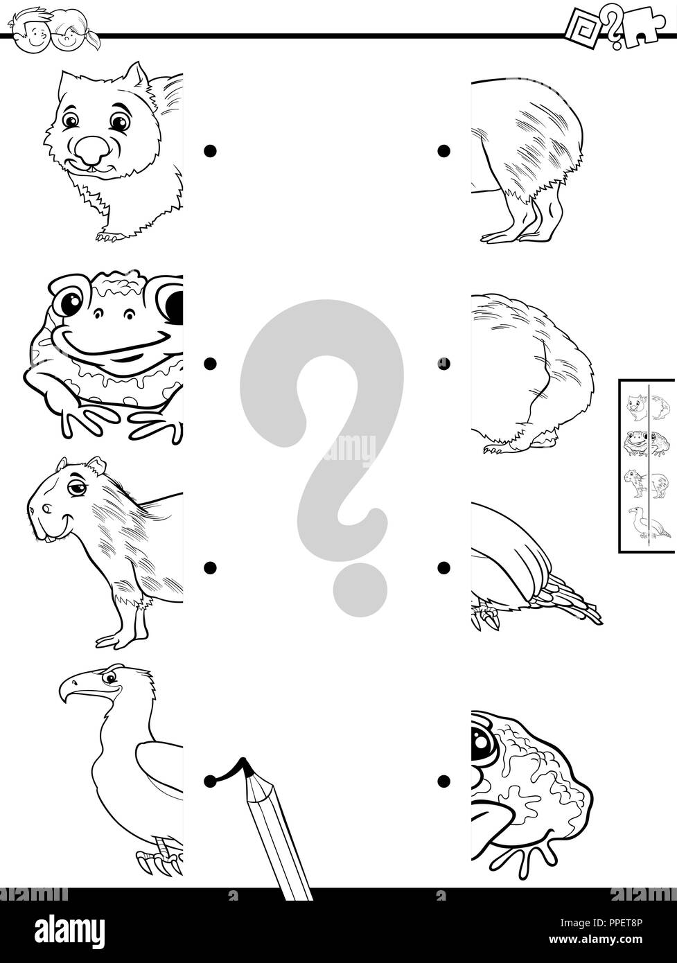 Black and White Cartoon Illustration of Educational Game of Matching Halves of Pictures with Animals Coloring Book Stock Vector