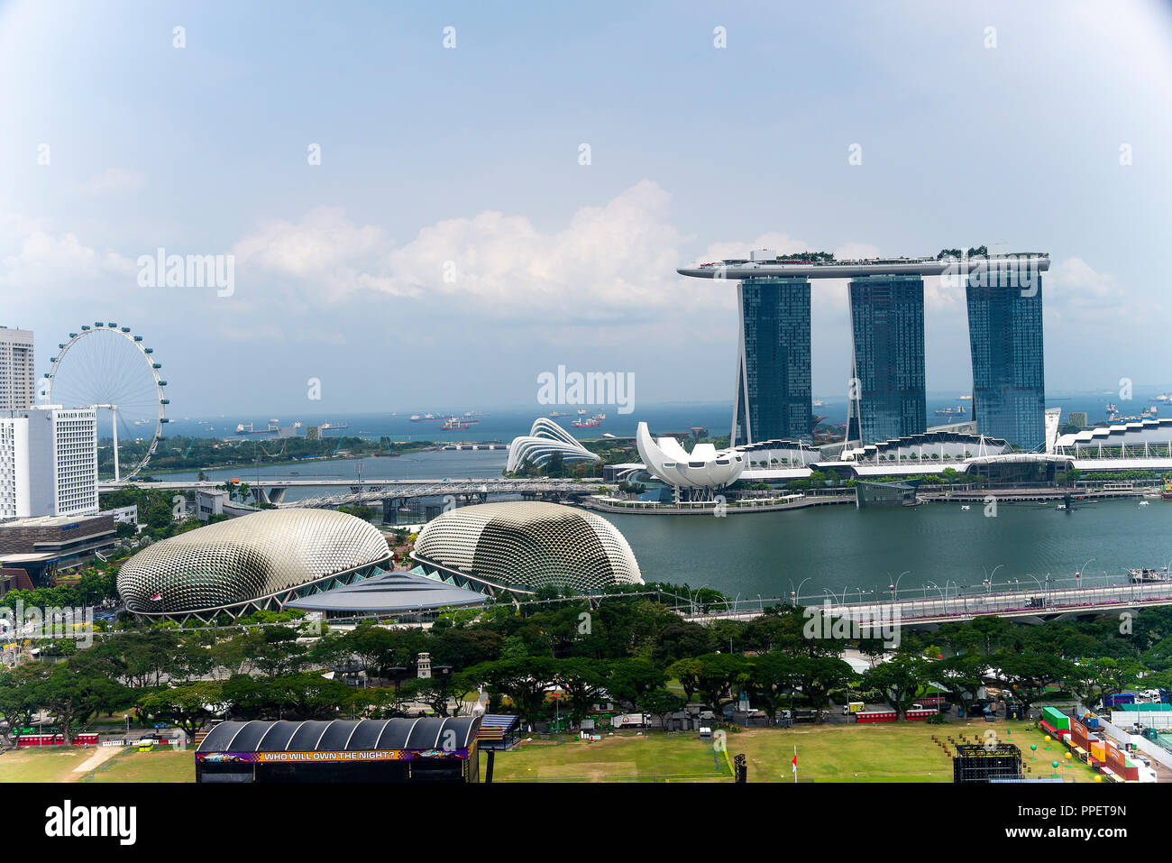 Aerial View of  The Padang, Esplanade Theatres, Singapore Flyer, Artscience Museum, Marina Bay Sands Hotel Complex Republic of Singapore Asia Stock Photo