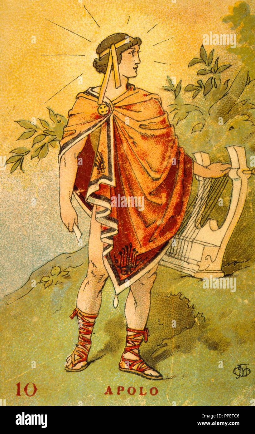 Apollo, Greek God of poetry, music, arts and medicine. Drawing of Apelles Mestres. Stock Photo