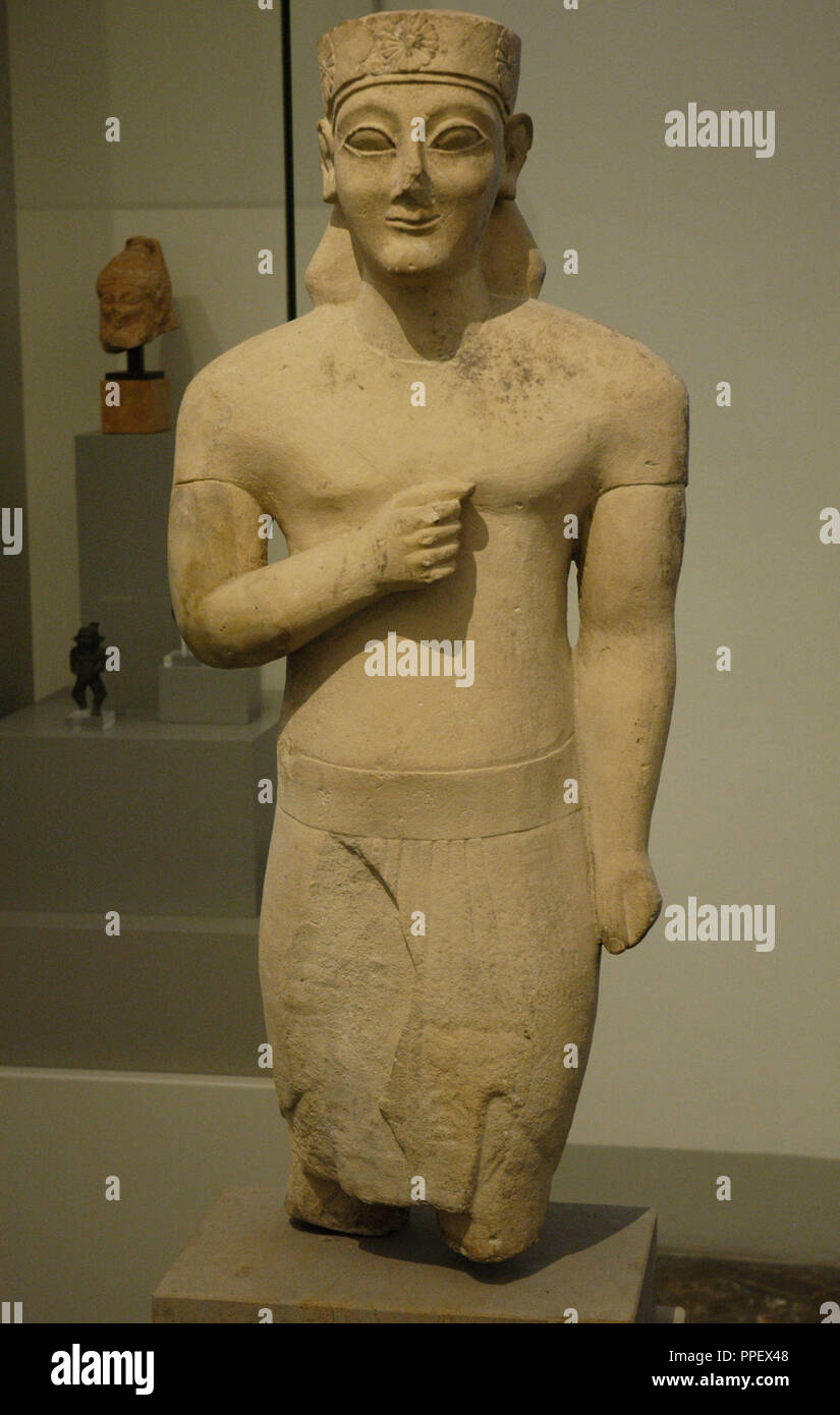 Greek Art. Cyprus. Kouros. Statue of a young man dated to 550 BC. Limestone. It comes from Dali
