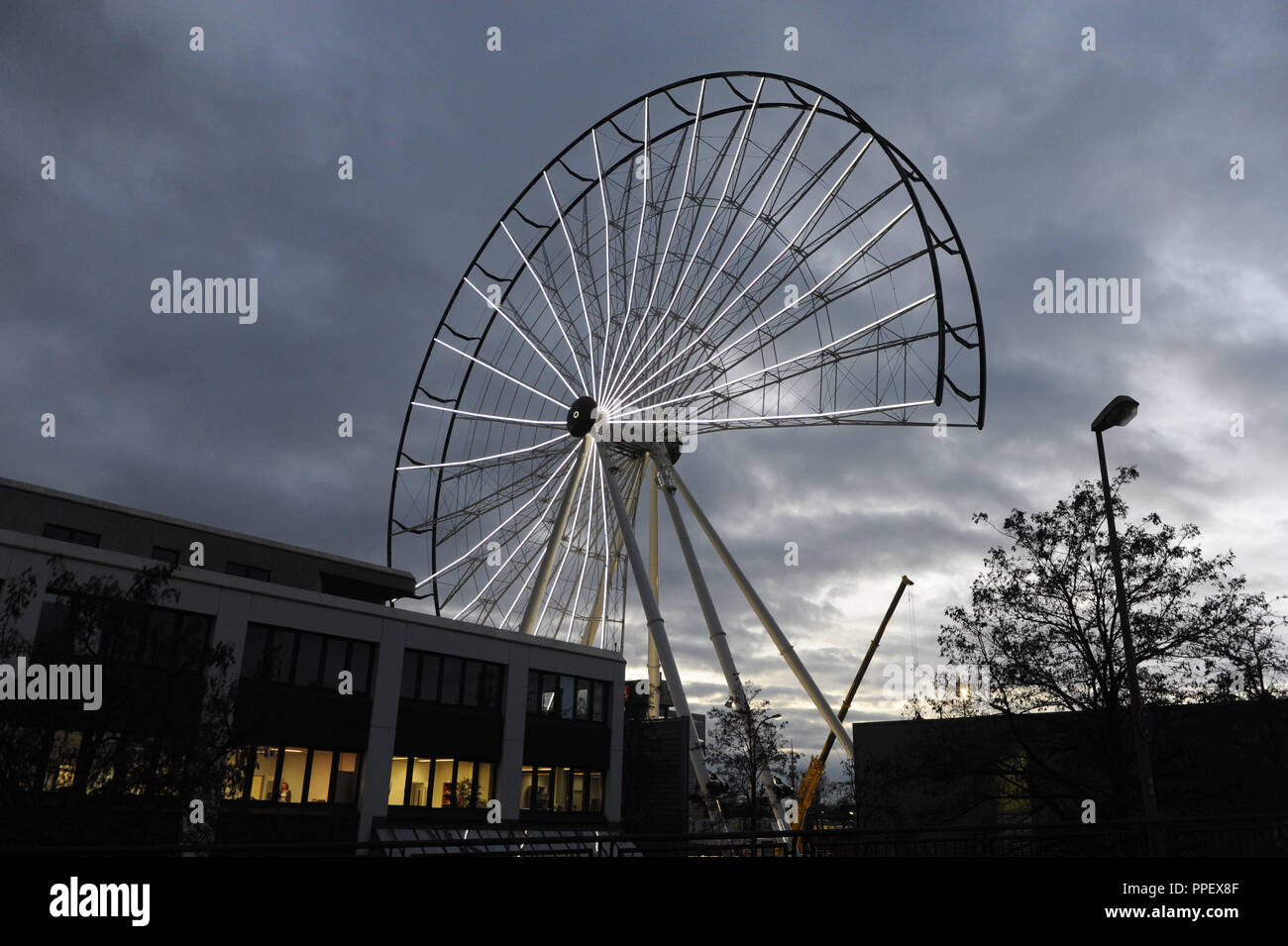 A newly-made Ferris wheel while being tested at the Munich steel construction company 'Maurer und Soehne' at the Lilienthalallee in the Euro Industrial Park. Stock Photo