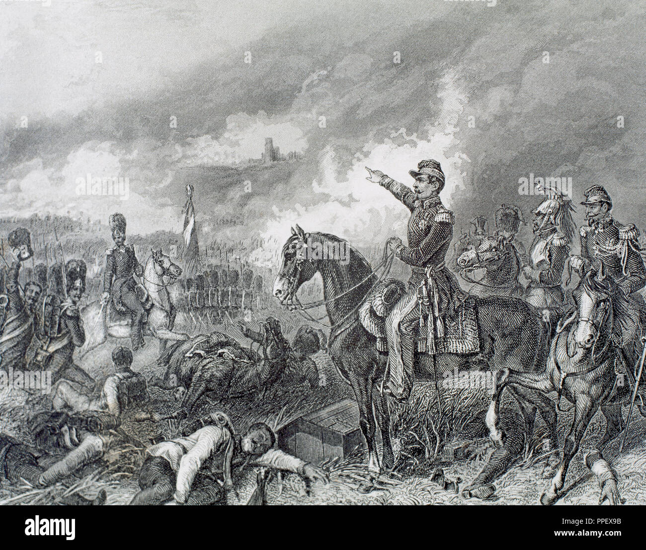 Second Italian war of Independence. Napoleon III in the Battle of Solferino. (June 24, 1859). Engraving 1881. Stock Photo