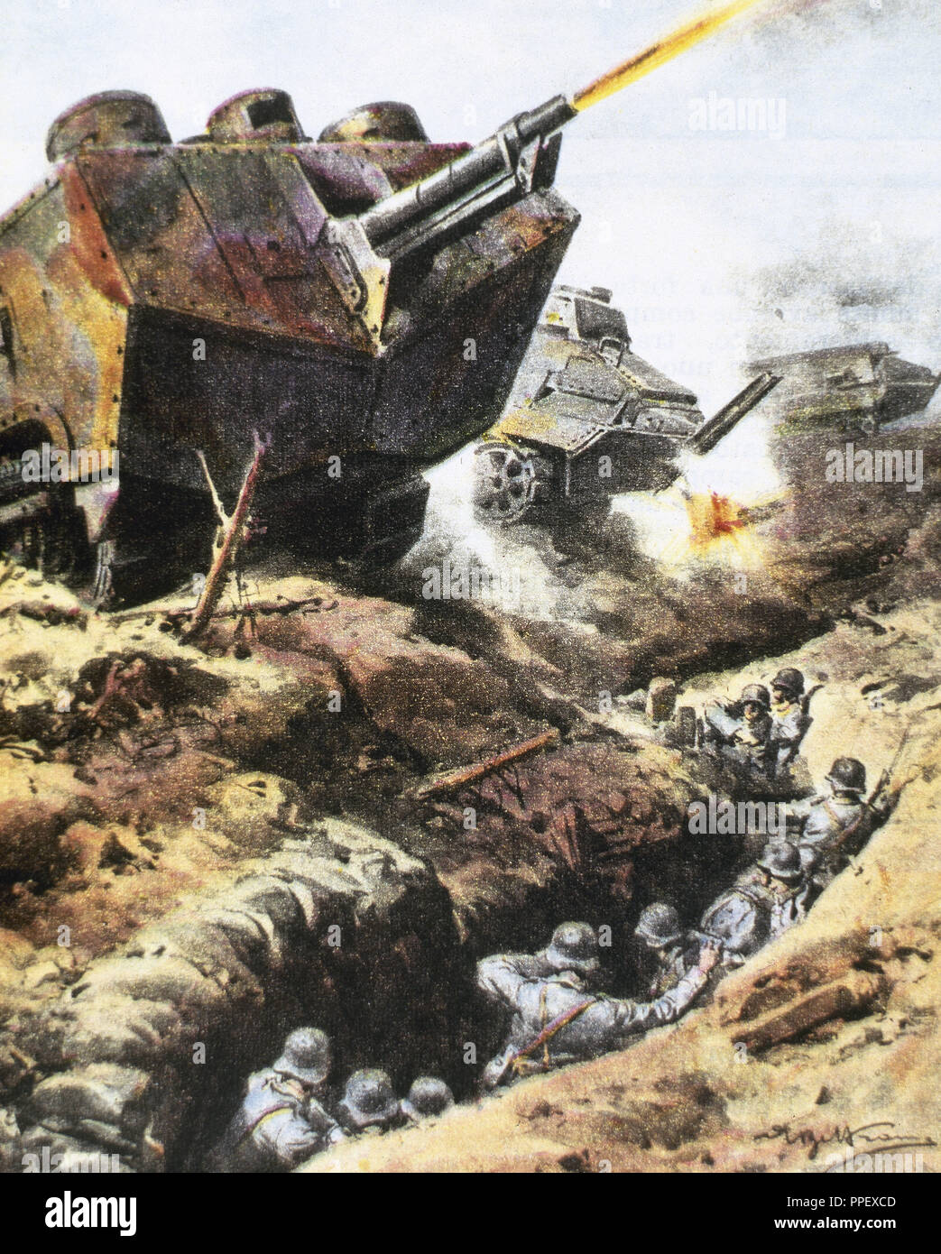 World War I (1914-1918). French tanks attacking the German lines near Reims. Spring 1918. Stock Photo