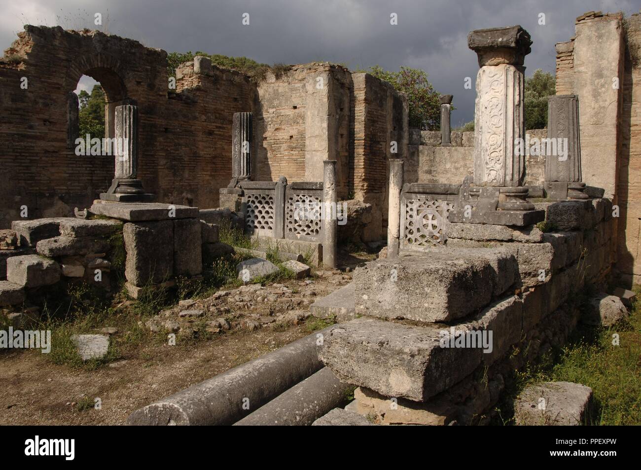 Greece. Olympia. Workshop of Pheidias. Rectangular building, ca. 430 BC. Where Pheidias constructed the famous cult statue of Zeus. The Buiding was later incoporated into a Byznatine church. Elis Region, Peloponnese. Stock Photo