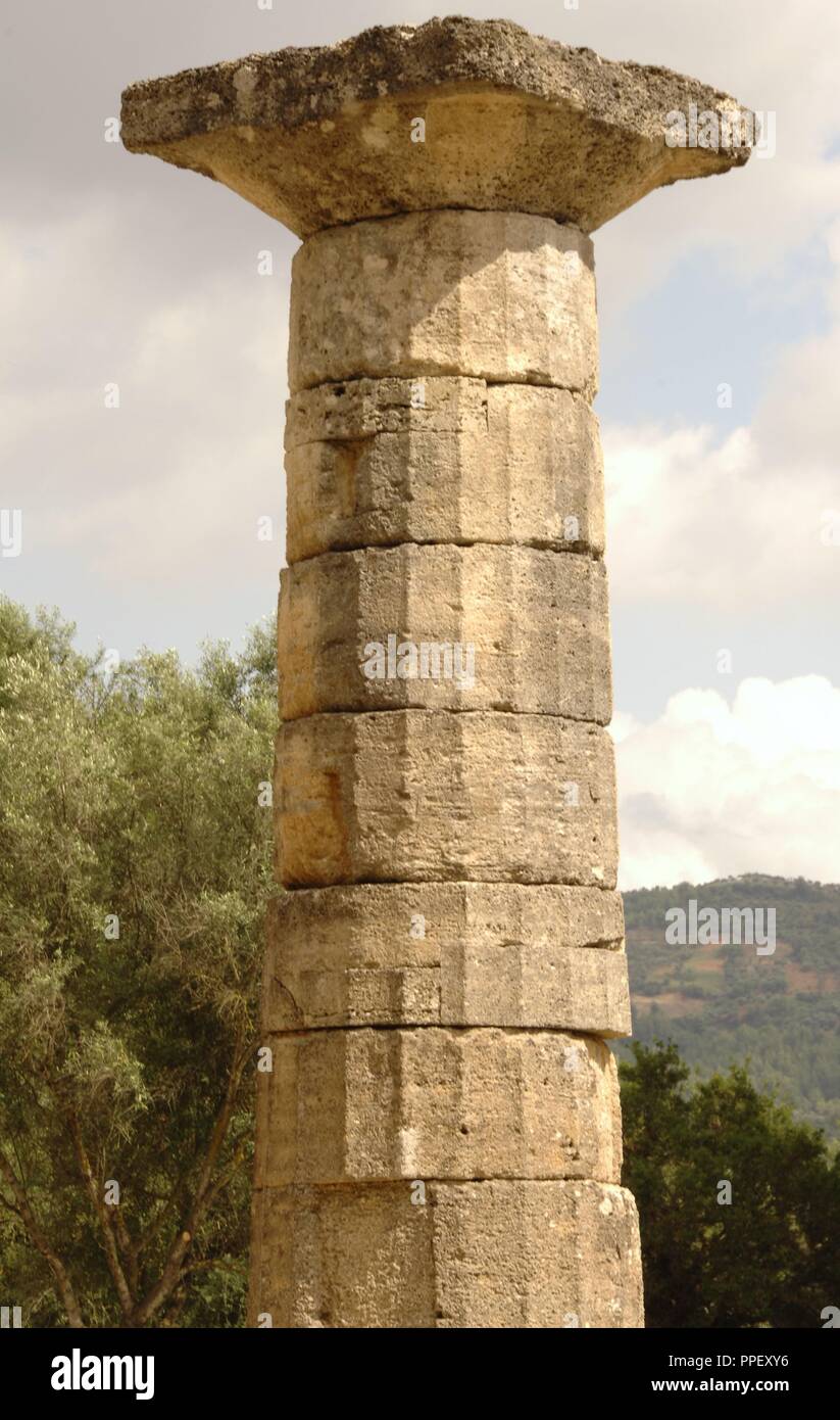 Temple of Hera (Heraion). Doric style. Peripteral and hexastyle. 6th century B.C. Doric column. Altis. Sanctuary of Olympia. Greece. Stock Photo