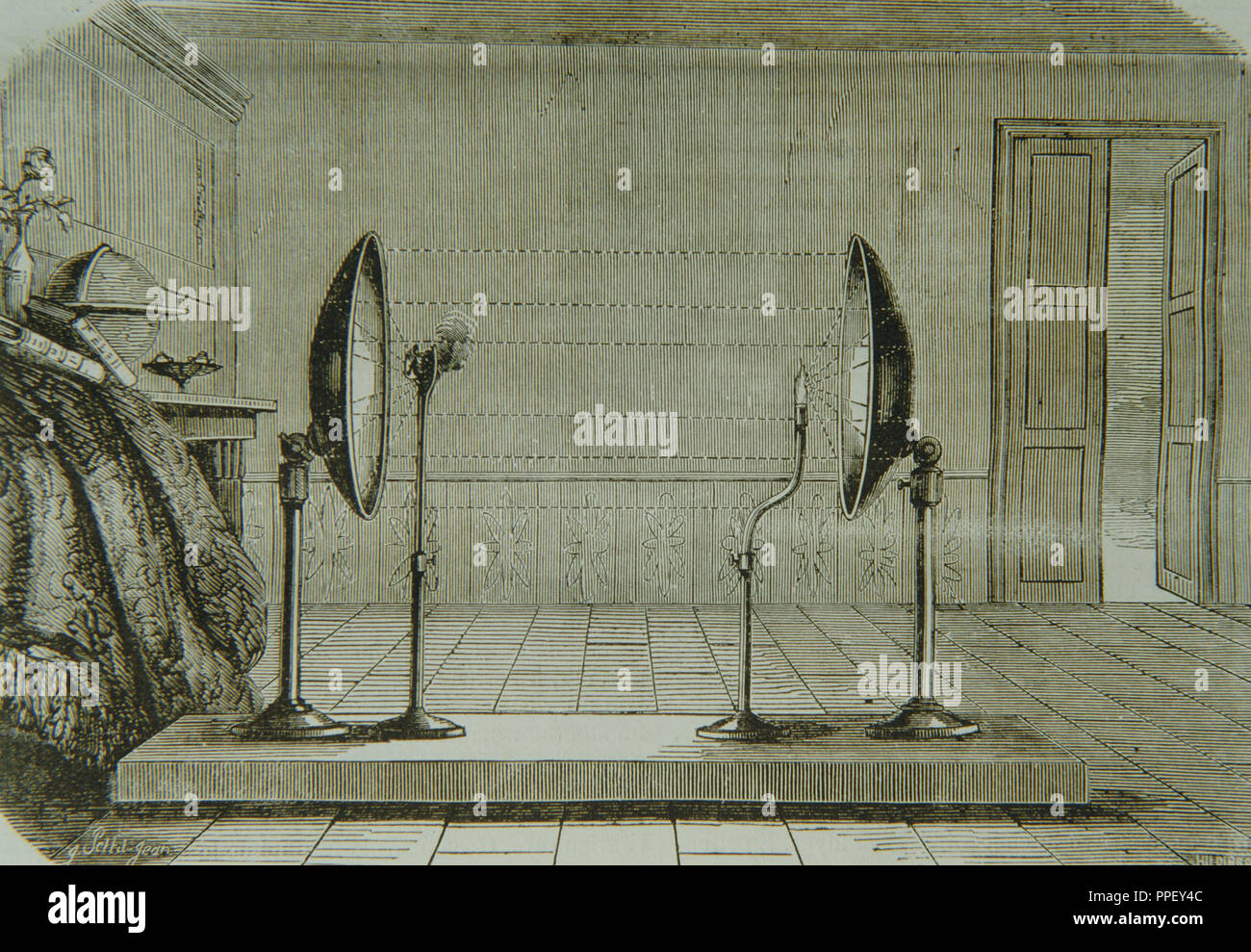 EXPERIMENT WITH CONCAVED MIRRORS. The rays reflected on the mirror, at equal distance from the main axis, are symmetrical. At the point where they impinge, you will find the focal point or main focus of the mirror. Engraving, 1858. Stock Photo