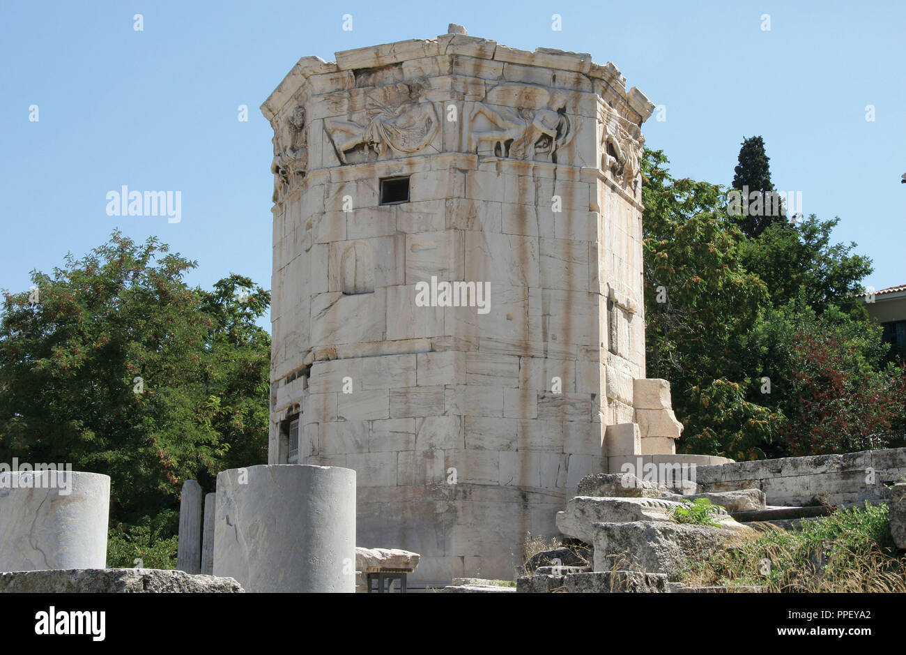 Roman Art. Tower of the Winds (Horologion). Octogonal pentelic marble clocktower on the Roman Agora. I was supposedly built by Andronicus of Cyrrhus Around 50 BC. Athens. Central Greece. Attica. Europe. Stock Photo