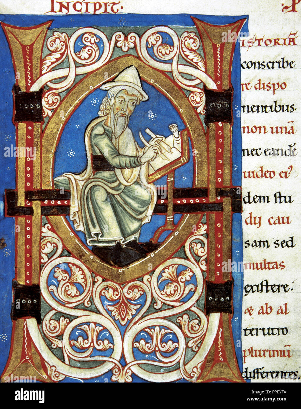 Jewish history and wars. Initial with image (amanuensis). Letter H. Manuscript. 15th century.  Chantilly Castle. France. Stock Photo