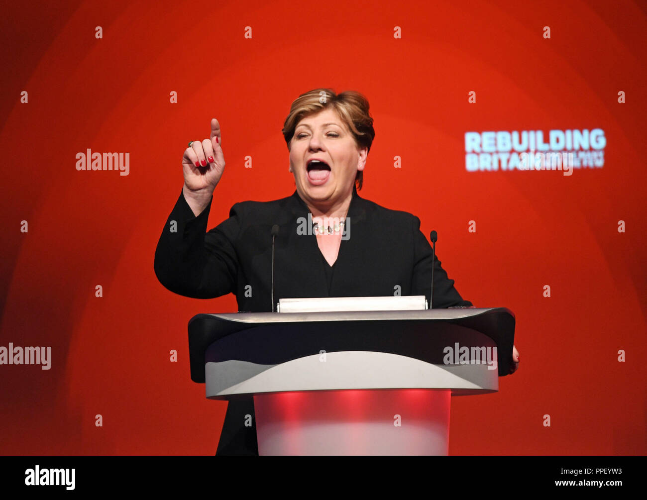 Shadow foreign secretary Emily Thornberry speaks during the Labour Party's annual conference at the Arena and Convention Centre (ACC), in Liverpool. Stock Photo