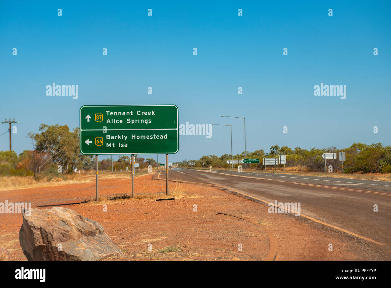 Road sign at Threeways, Australia, showing, Alice Springs and Tennant creek, Nothern Territory Stock Photo