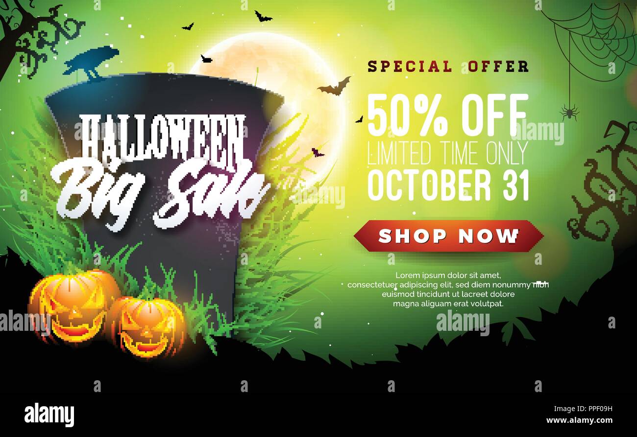 Halloween Sale vector banner illustration with scary faced pumpkin and tombstone on green background. Holiday design with typography lettering for offer, coupon, celebration, voucher or promotional poster. Stock Vector