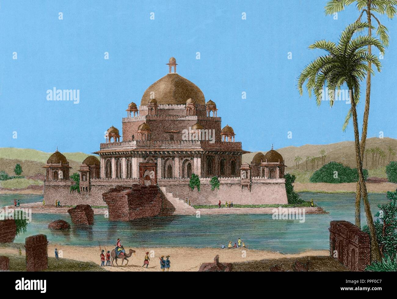 Sher Shah Suri (Sasaram, 1486-1545). Emperador que fundó el imperio suri en el norte de la India, también conocido como Sher Khan. Estableció Delhi como la capital del imperio. Tumba de Sher Shah Suri. Mausoleo en la ciudad de Sasaram, en el estado de Bihar, construido en su memoria. Fué diseñado por el arquitecto Aliwal Khari y construido entre 1540 y 1545, durante el reinado del hijo del emperador, Islam Shah (1545-1554). Grabado. Panorama Universal-India, 1845. Coloreado. Stock Photo