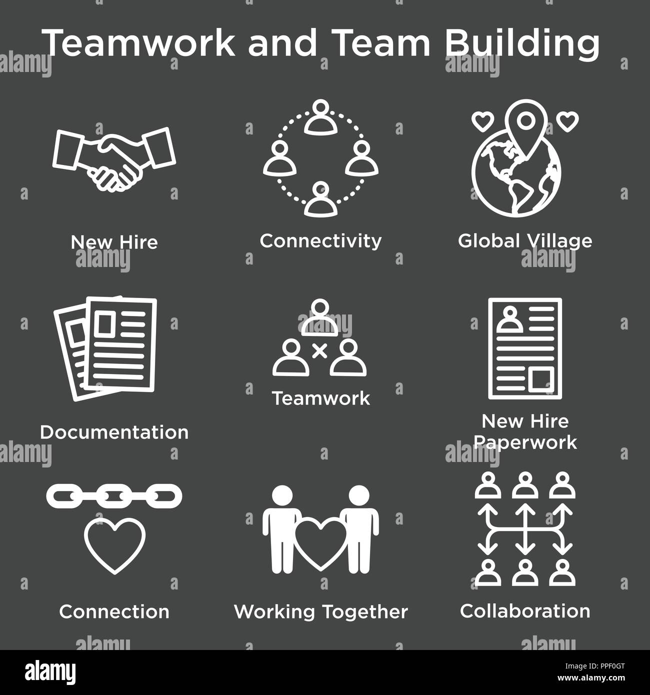 Team Building, Teamwork, & Connectivity Icon Set with Stick Figures and ...