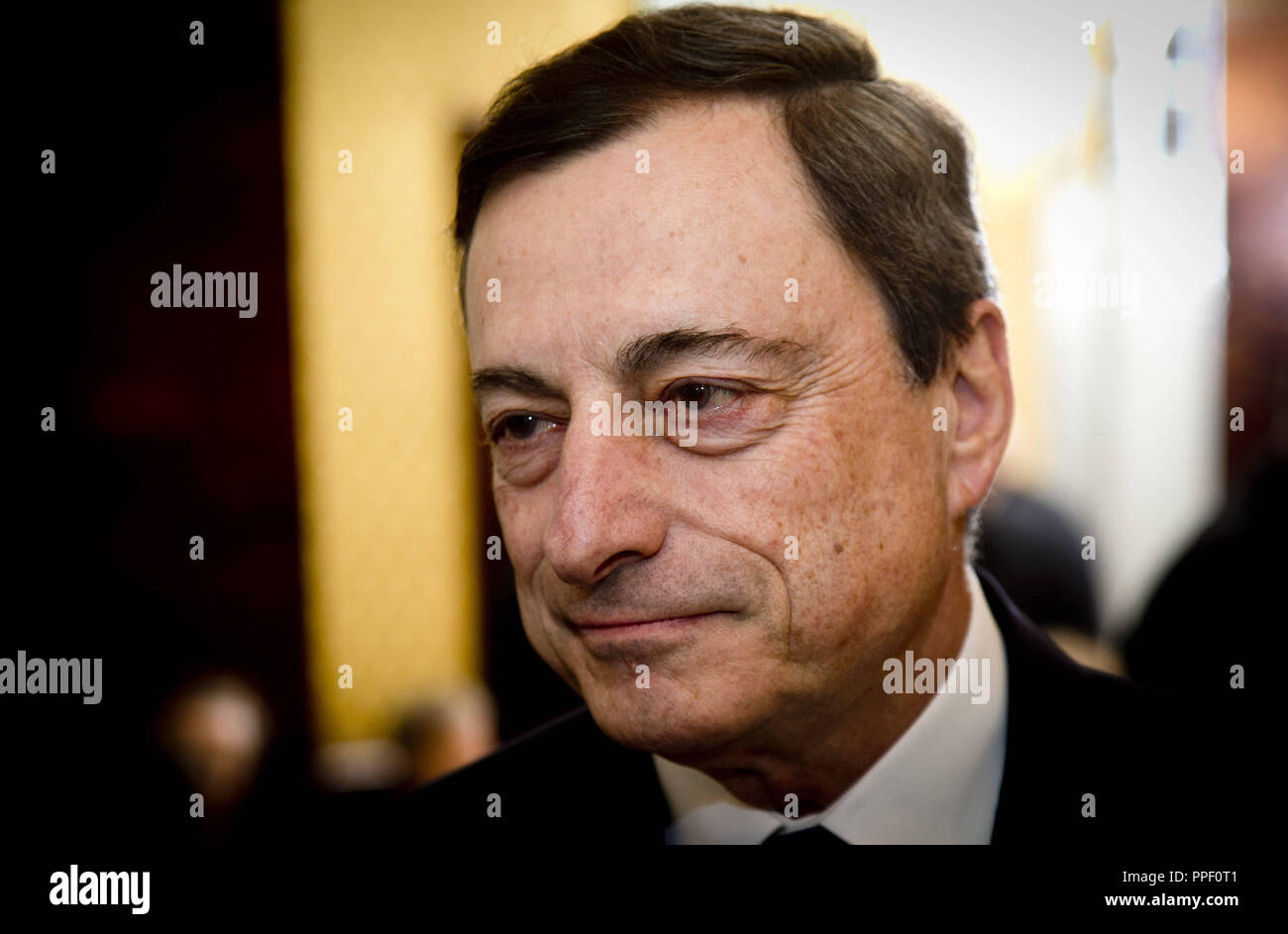 Mario Draghi, President of the European Central Bank (ECB), on the Finance Day of the Sueddeutsche Zeitung in Frankfurt am Main. Stock Photo