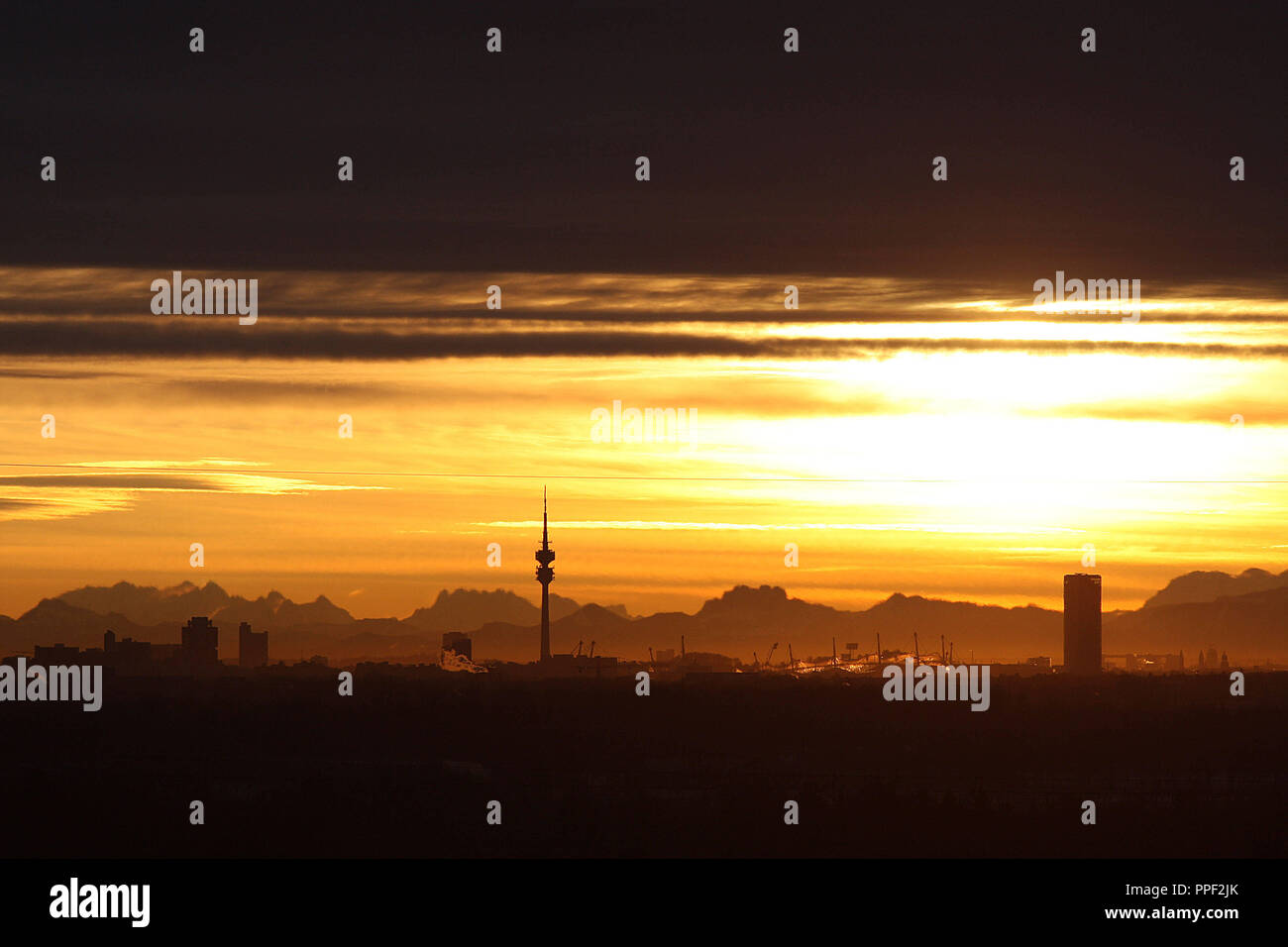 View over Munich with the Alps in the background at sunset, Germany Stock Photo
