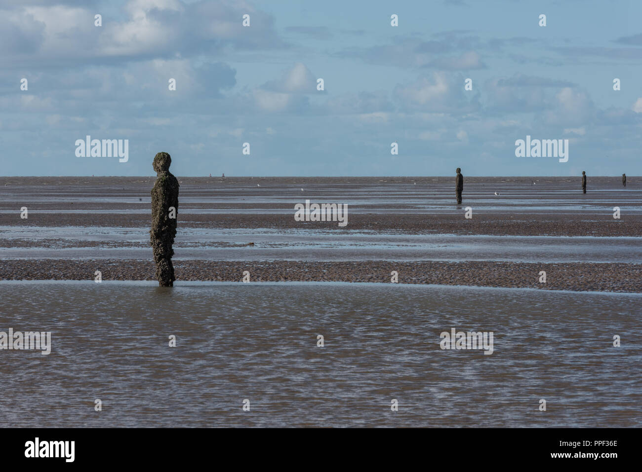 Sculptures by Antony Gormley on Crosby Beach near Liverpool, UK Stock