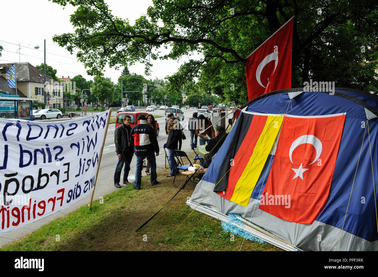 Turkish protesters camp in front of the Consulate General of the Republic of Turkey in the Menzingerstrasse 3 in Nymphenburg, to show their solidarity with the demonstrators in Istanbul. Stock Photo