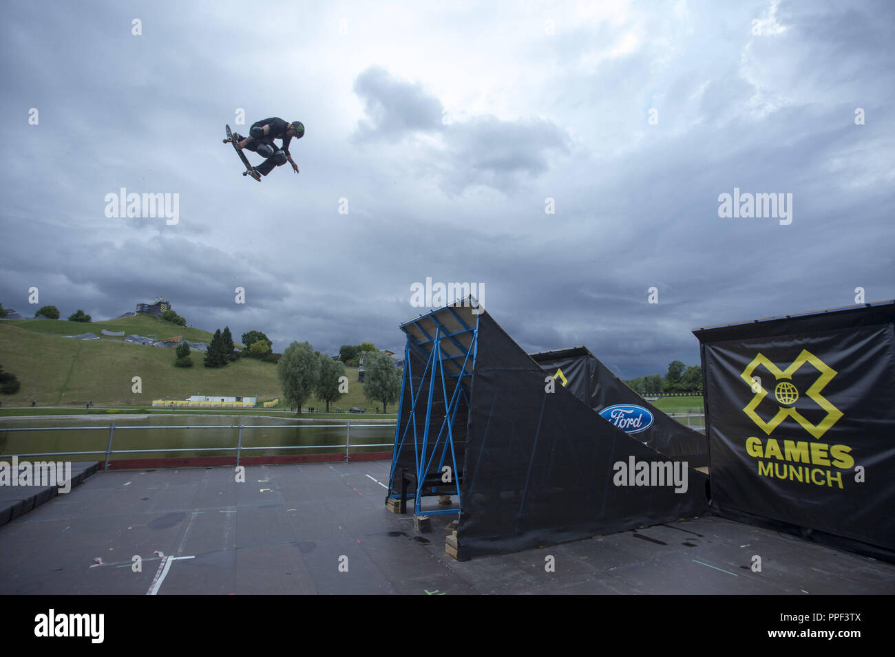 A skateboarder trains on the big ramp on the Olympic Lake for the