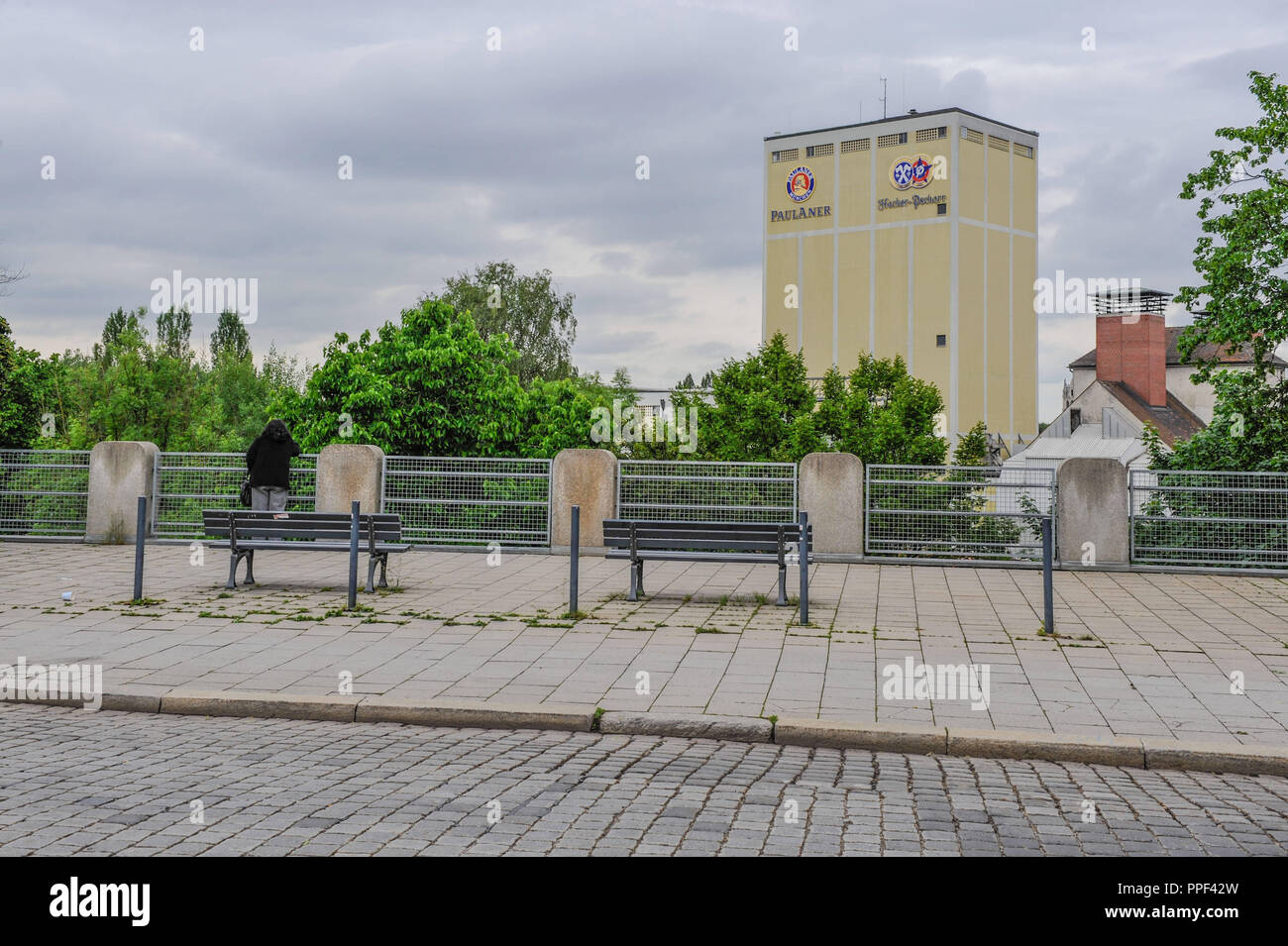 View of the malting tower of the brewery Paulaner / Hacker Pschorr in the Au district of Munich. Stock Photo