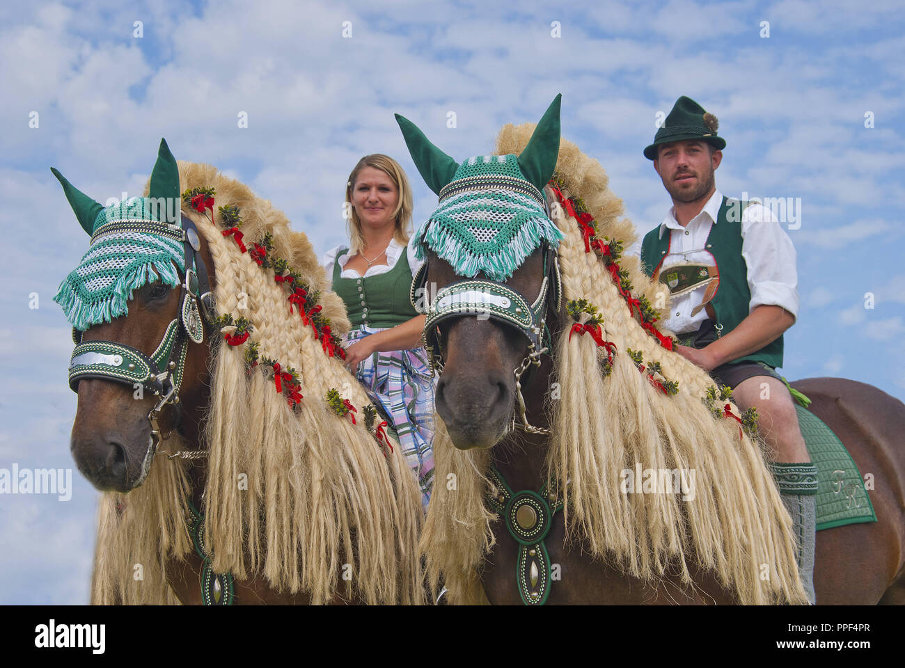 Riders with draft horses at the Leonhardiritt (St. Leonard's Ride) in Holzhausen at Teisendorf, Upper Bavaria. The procession where the beautifully decorated horses are blessed, was first mentioned in 1612. Stock Photo
