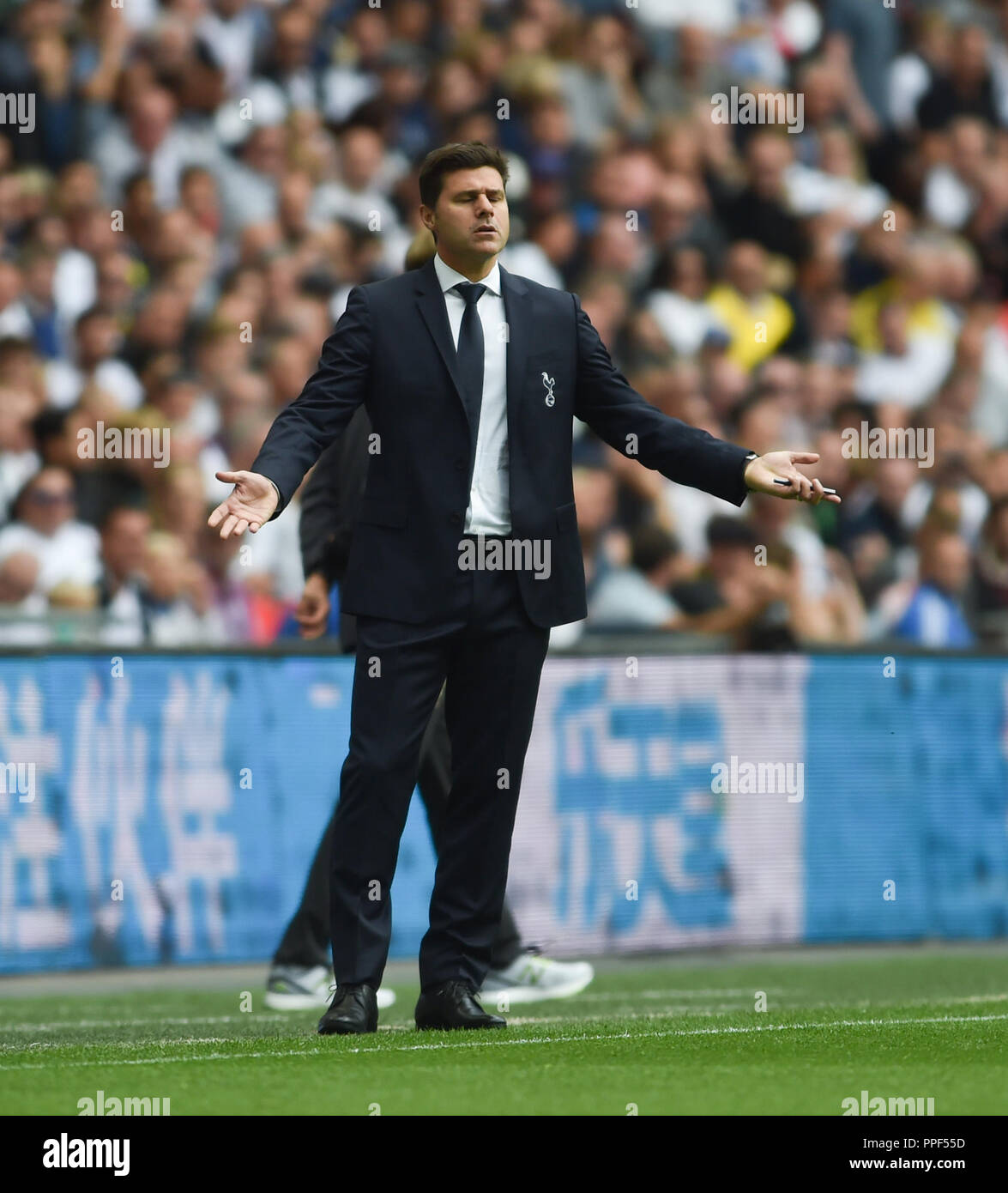 Tottenham manager Mauricio Pochettino during the Premier League match between Tottenham Hotspur and Liverpool at Wembley Stadium , London , 15 Sept 2018 Editorial use only. No merchandising. For Football images FA and Premier League restrictions apply inc. no internet/mobile usage without FAPL license - for details contact Football Dataco Stock Photo