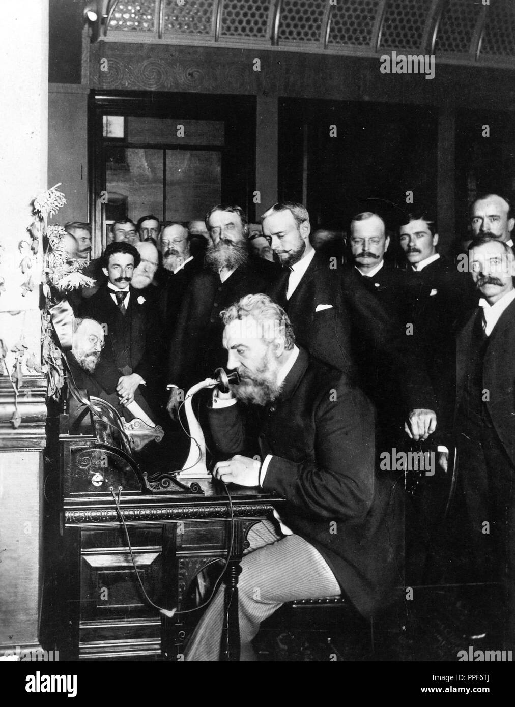 Alexander Graham Bell at the opening of the New York-Chicago line, 1892. Author: ANONYMOUS. Stock Photo