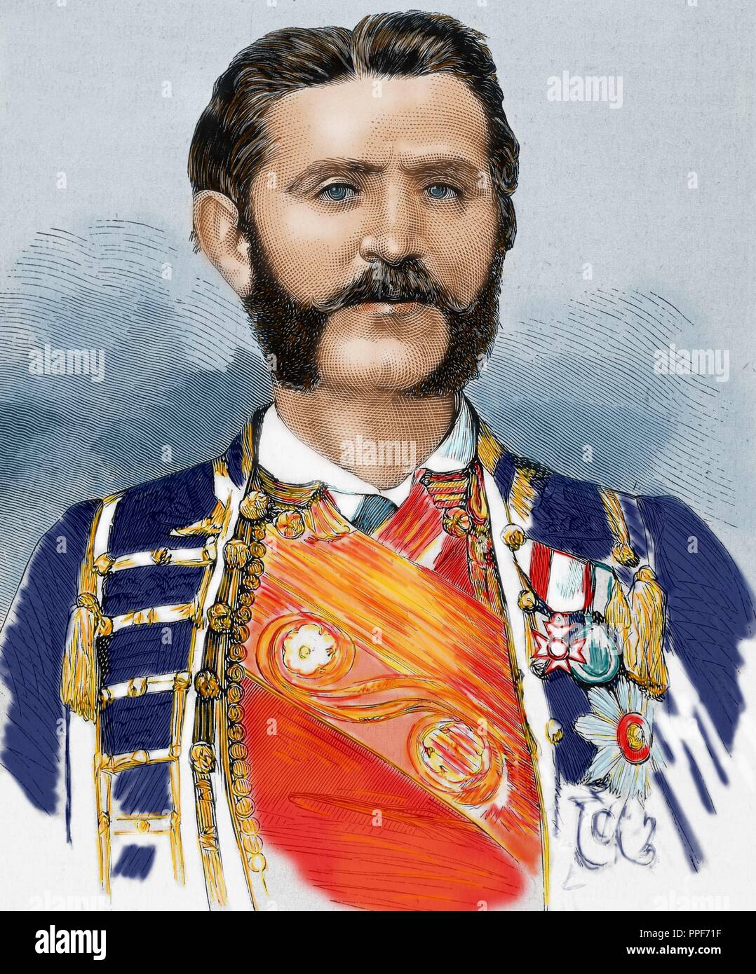 Nicholas I (1841- 1921). Prince (1860-1910) and King of Montenegro (1910-1918). Acceded to the throne after the murder of his uncle Danilo I (1860). Colored engraving. 1875. Stock Photo