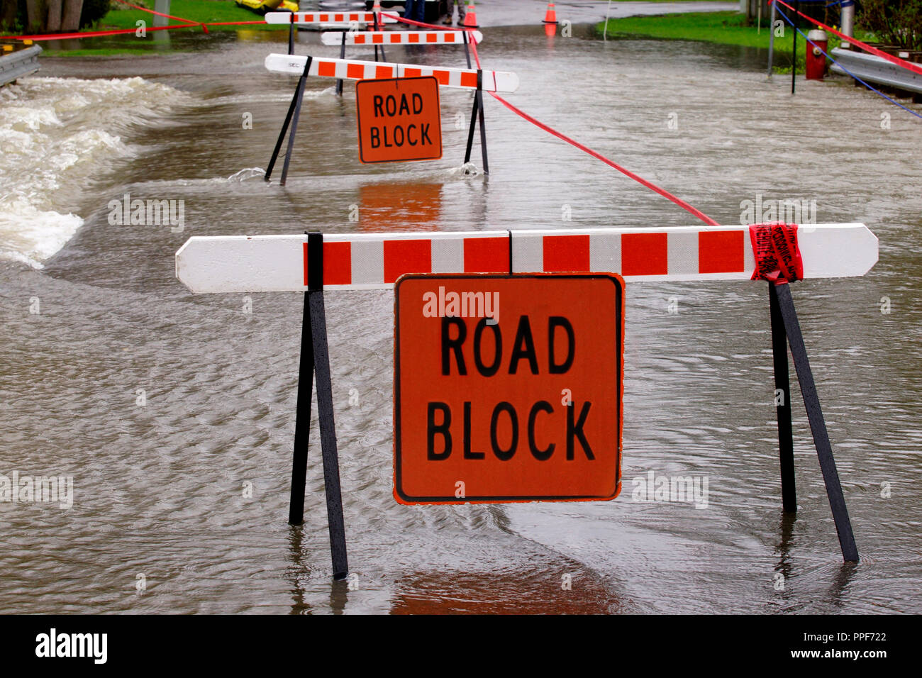 Montreal,Canada,5 May,2017.Road block signs on street after a springtime flash flood.Credit:Mario Beauregard/Alamy Live News Stock Photo