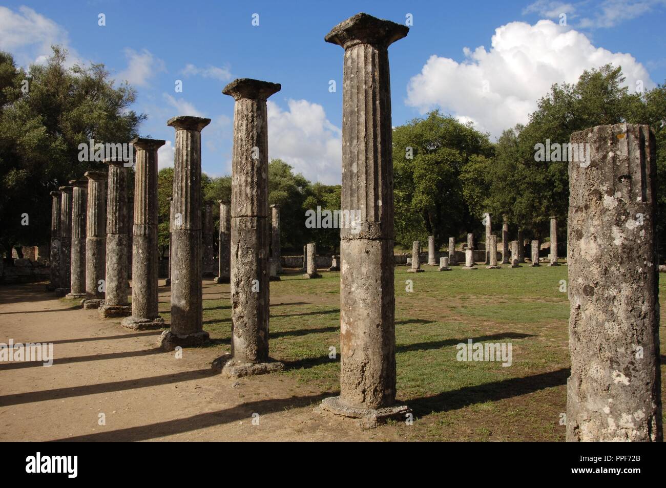 Greece. Peloponesse. Olympia. Santuary of ancient Greece in Elis. Palaestra (3rd century BC).  Hellenistic Period. Ruins. Doric order. Colonnade. Stock Photo