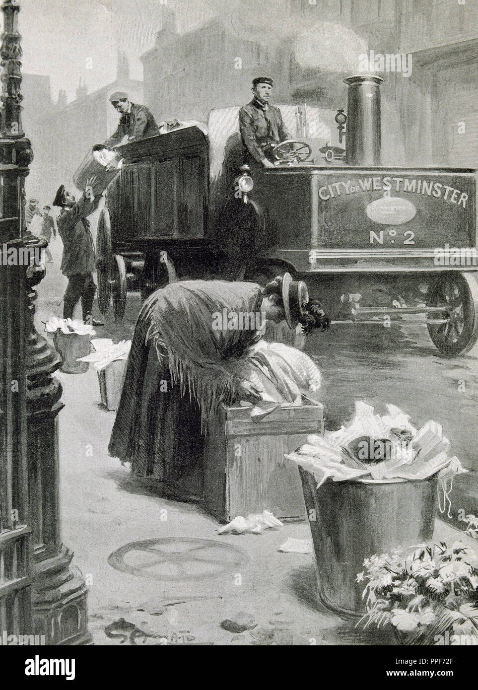 United Kingdom. London. Picking up trash dumpsters in the streets . Engraving de l'Illustration, 1901. Stock Photo