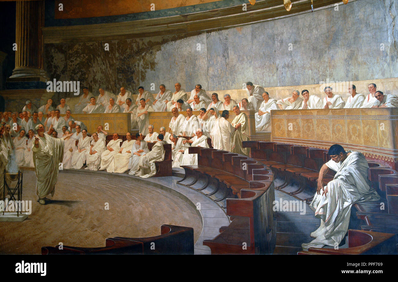 'Cicero in the Roman Senate, accusing Catiline', 1880, Fresco. Author: MACCARI, CESARE. Location: PALACIO MADAMA-SENADO. ITALIA. Stock Photo