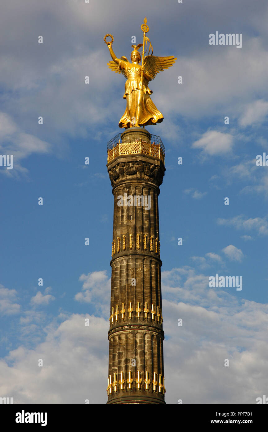 Germany. Berlin Victory Column. Designed by the German architect Heinrich Strack (1805-1880), after 1864. It commemorates the Prussian victory in the Danish-Prussian War although, as the monument was inaugurated in 1873, Prussia has also victorious in the Austro-Prussian War and in the Franco-Prussian War. On the top, is a bronze sculpture of Victoria, designed by the German sculptor Friedrich Drake (1805-1882). Tiergarten Park. Stock Photo