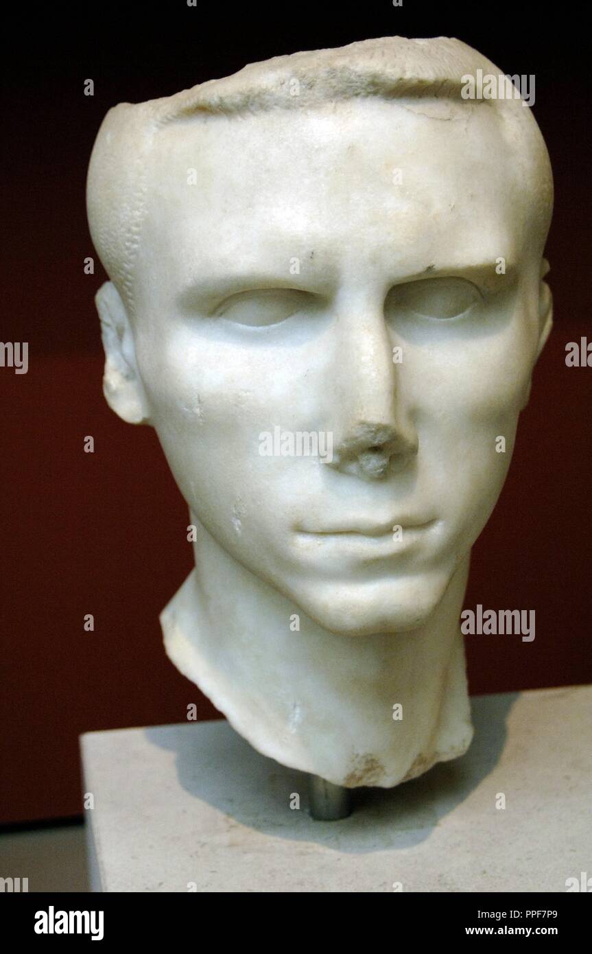 Portrait head from a statue of a roman nobleman. 40 BC. Marble. Probably made in Alexandria. From Cyprus. British Museum. London. England. United Kingdom. Stock Photo