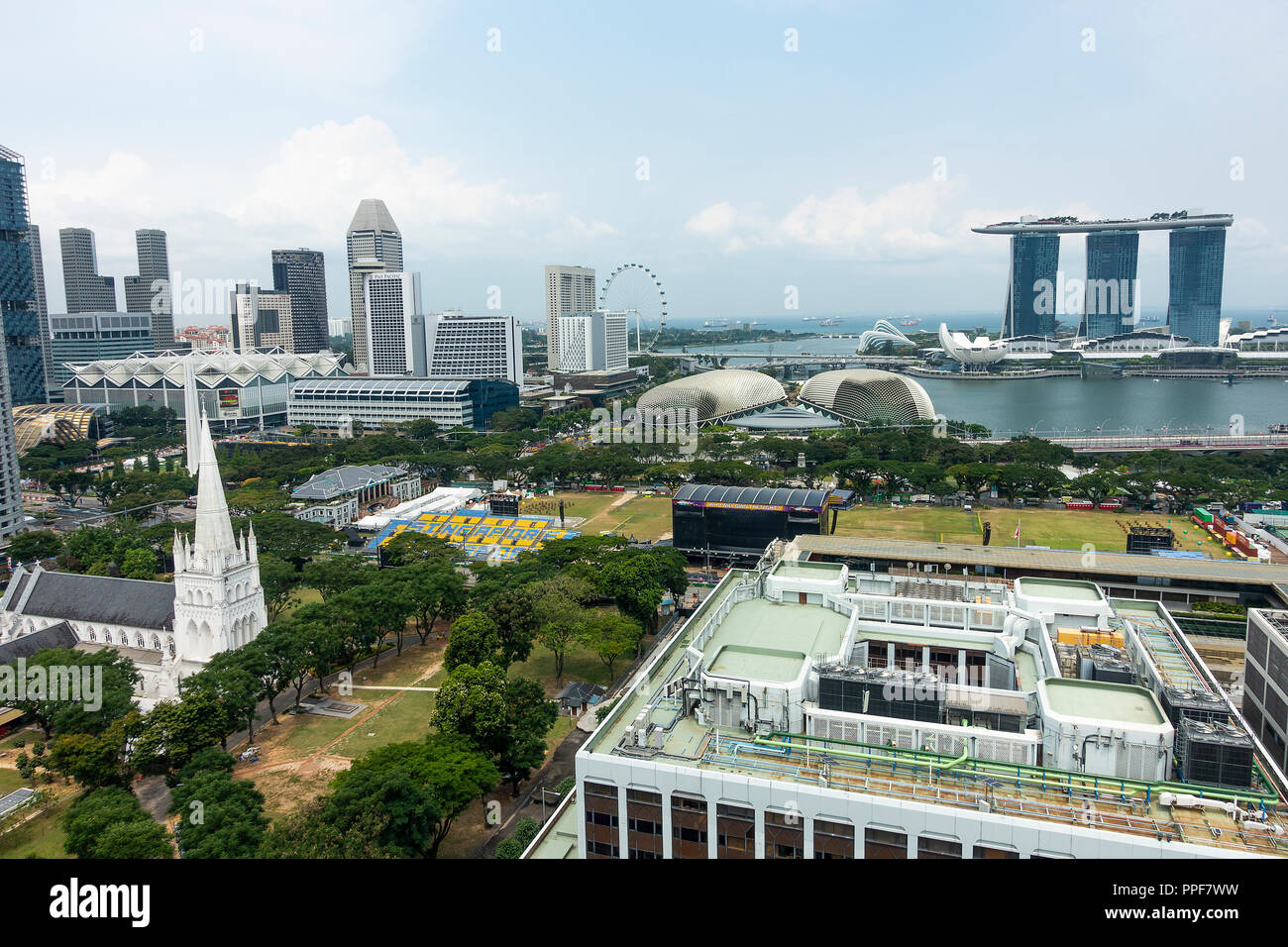 An Aerial View of The Padang with The Singapore Flyer, Marina Bay Sands Hotel, St Andrews Cathedral and The Esplanade Theatres Singapore Asia Stock Photo