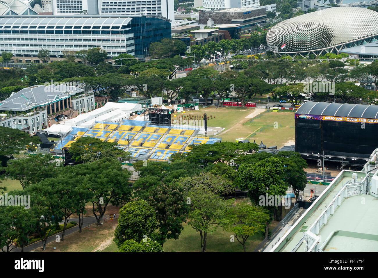 The Recreation Club with Marquees with Formula One Grandstand and Theatre Stage on the Padang with Esplanade Theatre in Republic of Singapore Asia Stock Photo