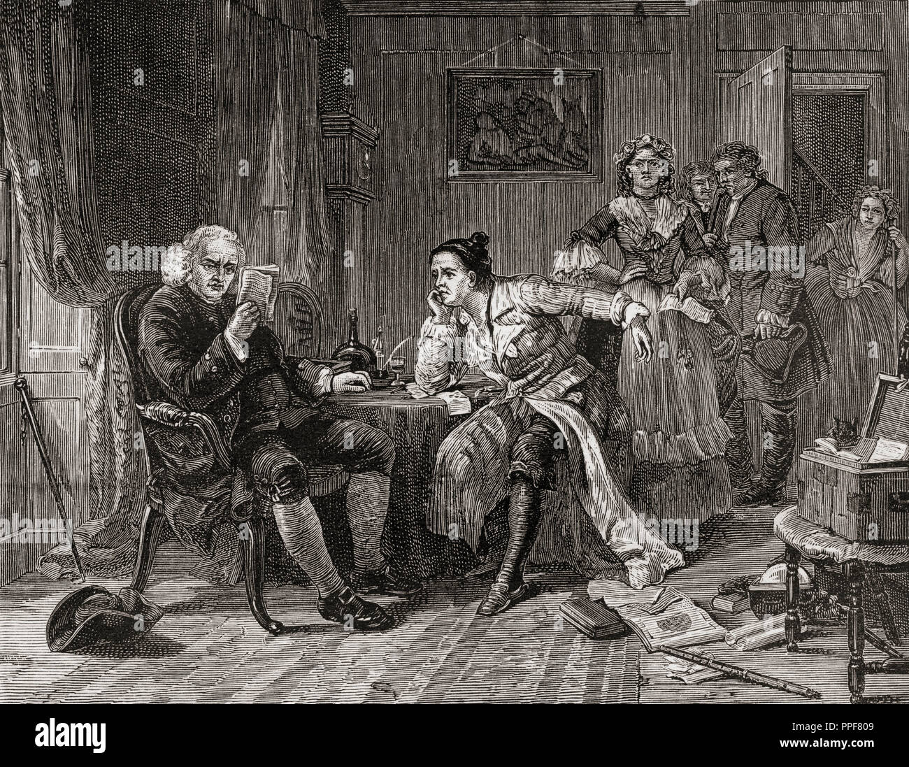 Dr. Johnson reading the manuscript of The Vicar of Wakefield.  Samuel Johnson, 1709 - 1784, aka Dr. Johnson.  English writer, poet, essayist, moralist, literary critic, biographer, editor and lexicographer.  From London Pictures, published 1890. Stock Photo