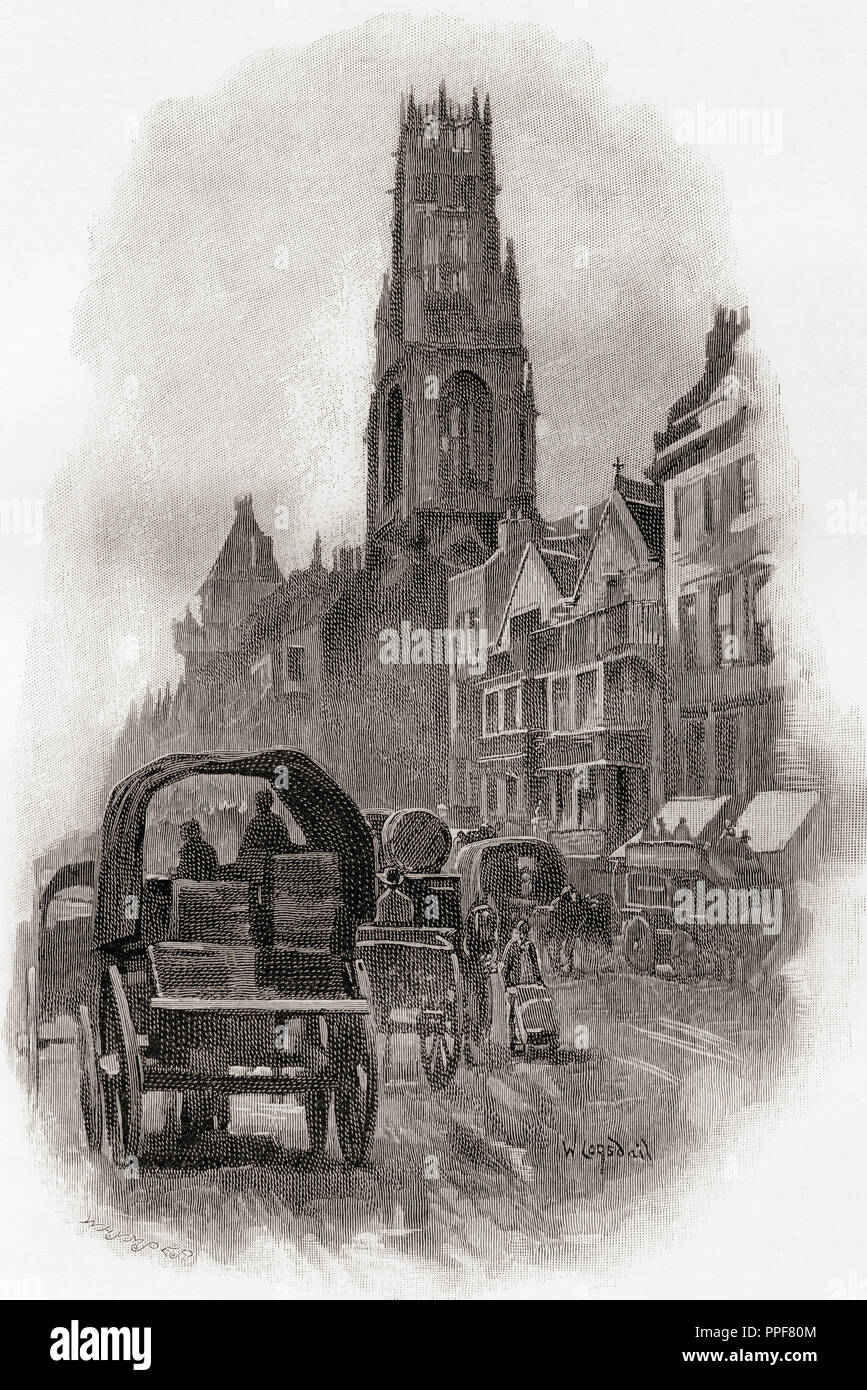 Fleet Street, London, England, showing the old houses and the church of St Dunstan-in-the-West  in the 19th century.  From London Pictures, published 1890. Stock Photo