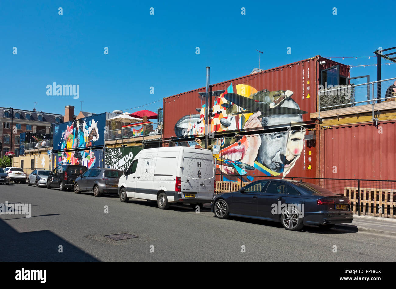 Spark York CIC shipping container business units in the city town centre in summer York North Yorkshire England UK United Kingdom GB Great Britain Stock Photo