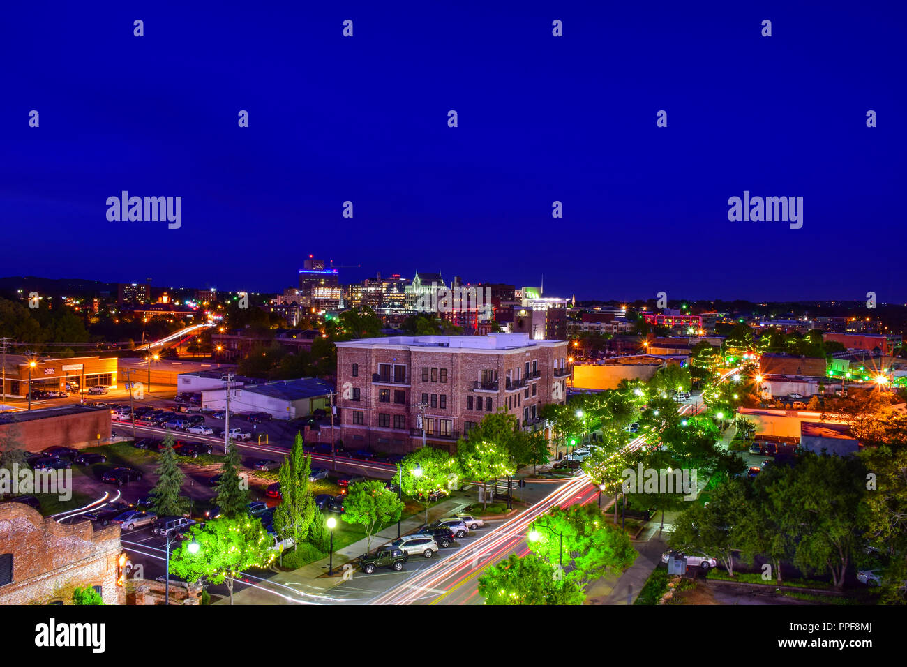 Long Exposure of Downtown Greenville South Carolina Skyline during Blue Hour Stock Photo