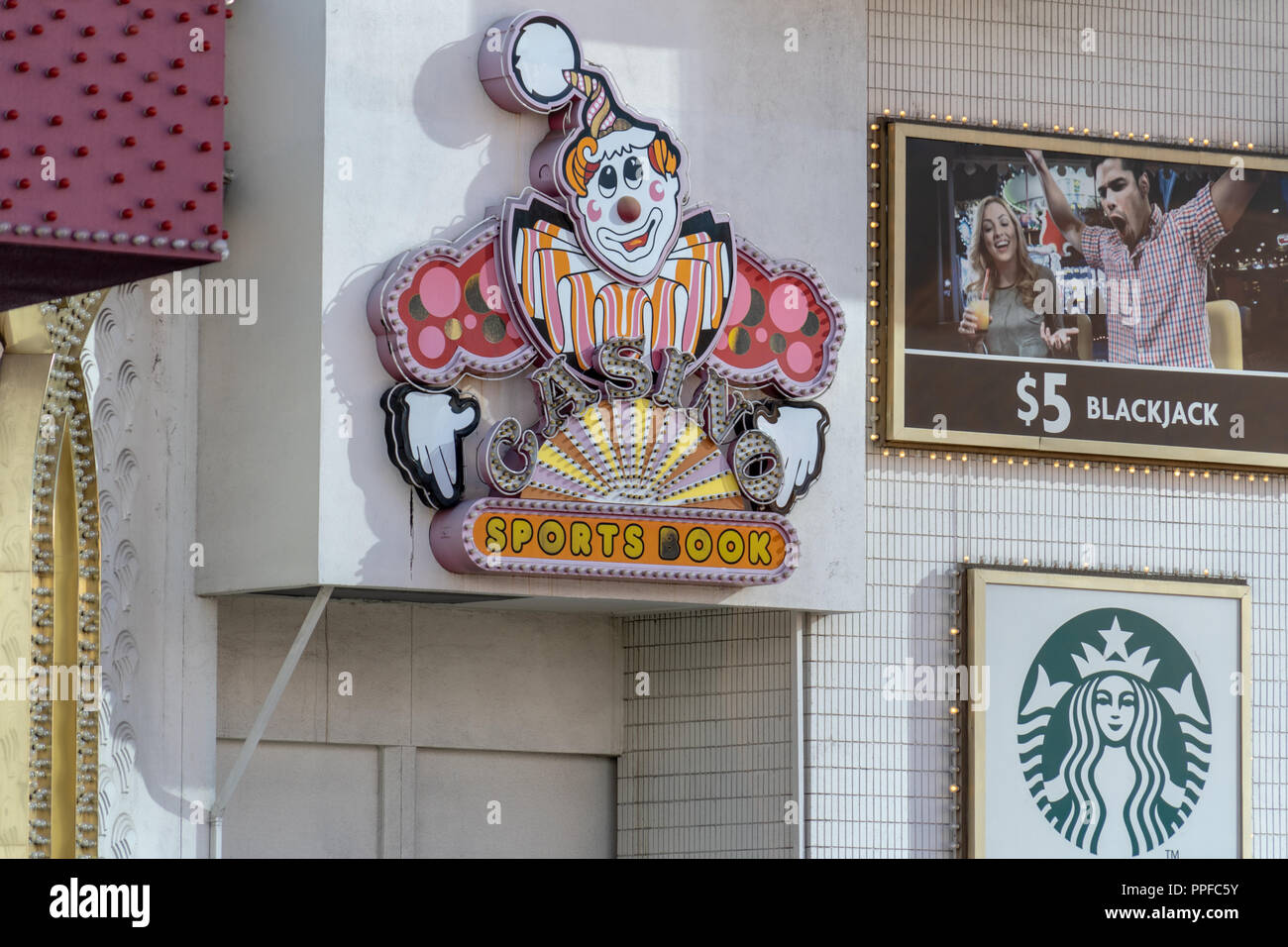 Sign for the Circus Circus casino hotel sports book. Clown mascot. Located on the Las Vegas strip Stock Photo