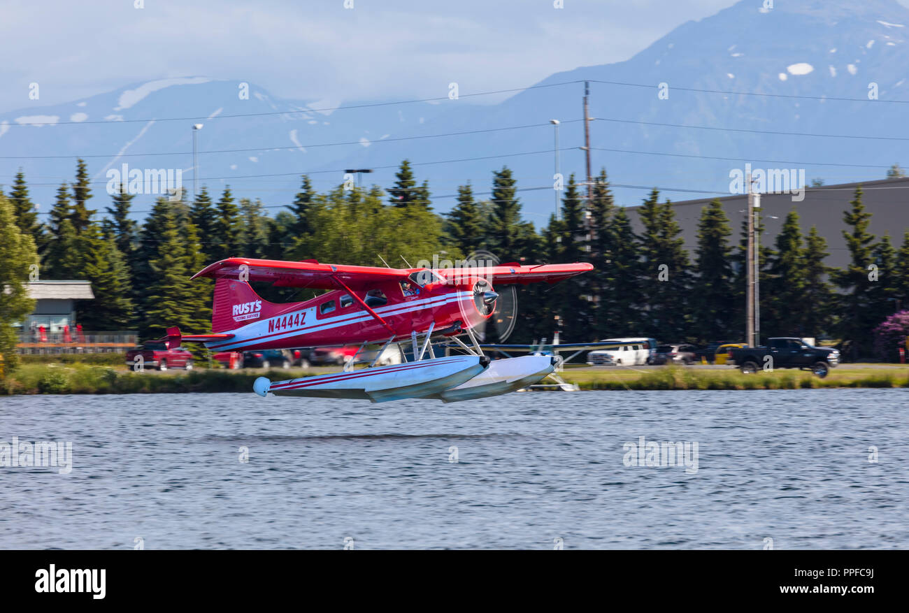 Seaplane or floatplane at Lake Hood Seaplane Base the world's busiest seaplane base located in Acnhorage Alaska Stock Photo
