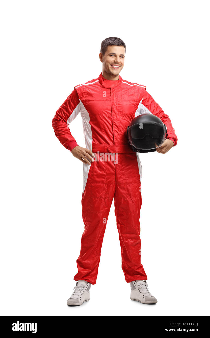 Standing Racer Full length portrait of a racer standing and holding a helmet isolated ...