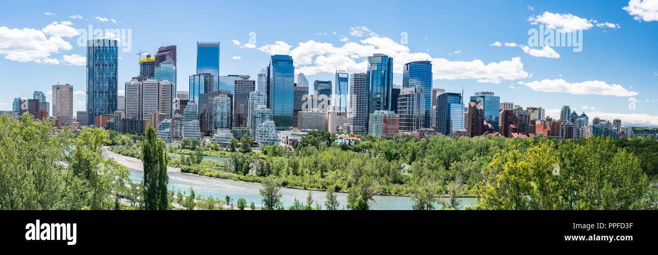Skyline of the city Calgary, Alberta, Canada along the Bow River Stock Photo