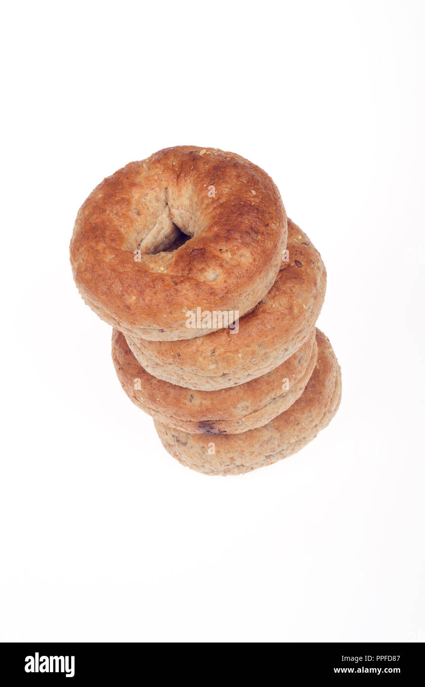 Looking down at stack of multigrain bagels Stock Photo