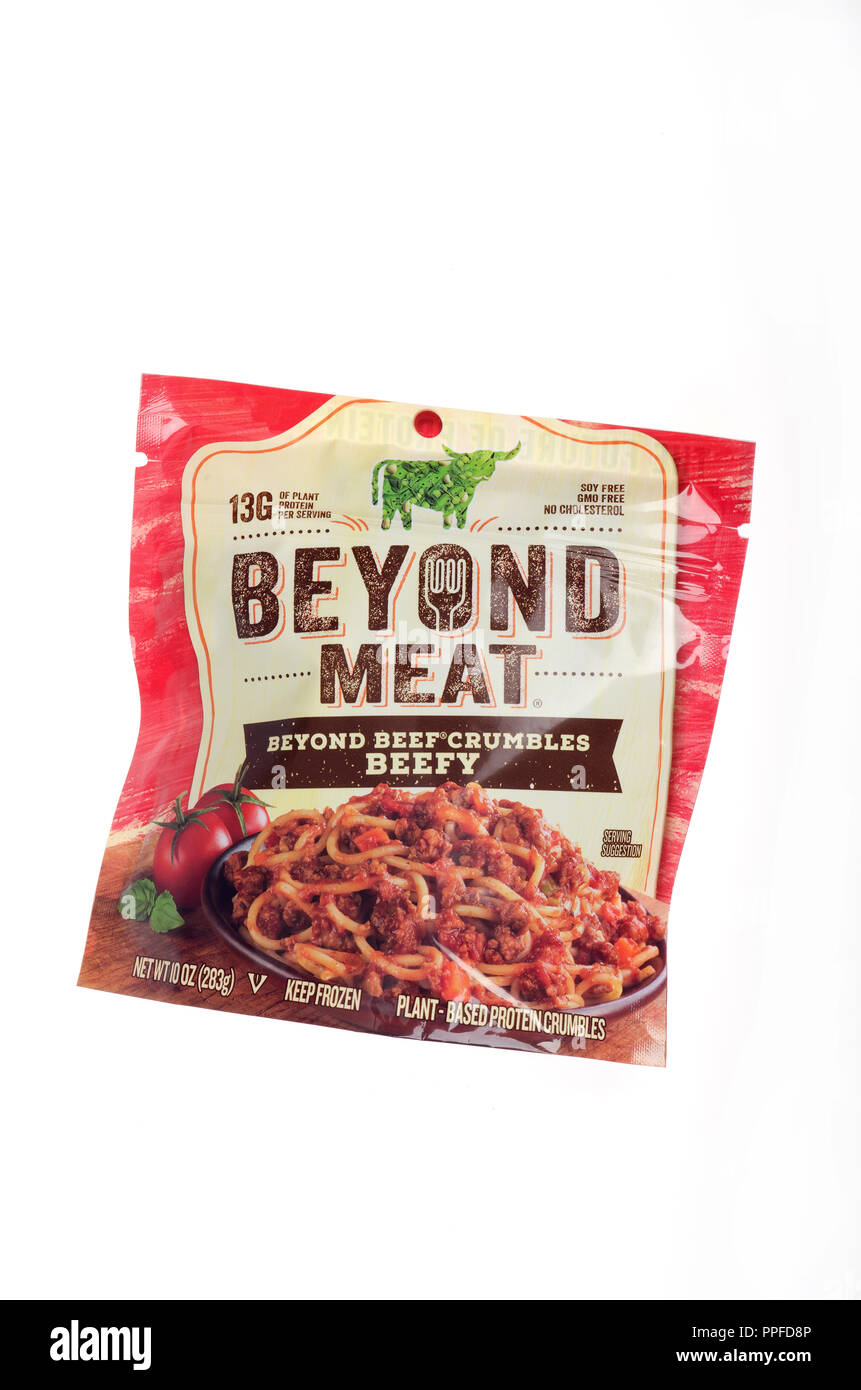 Package of Beyond Meat Beyond Beef Beefy Crumbles which are meatless plant based protein crumbles, vegetarian and vegan made with pea protein isolate Stock Photo
