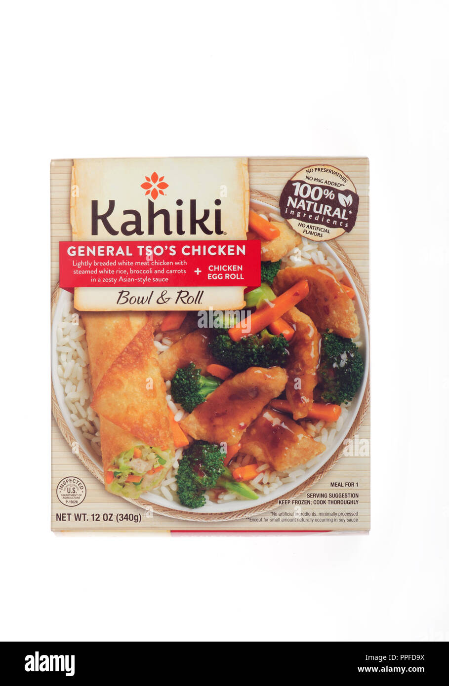 Box of frozen Kahiki General Tso’s Chicken with rice, carrots, broccoli and an egg roll in a bowl Stock Photo
