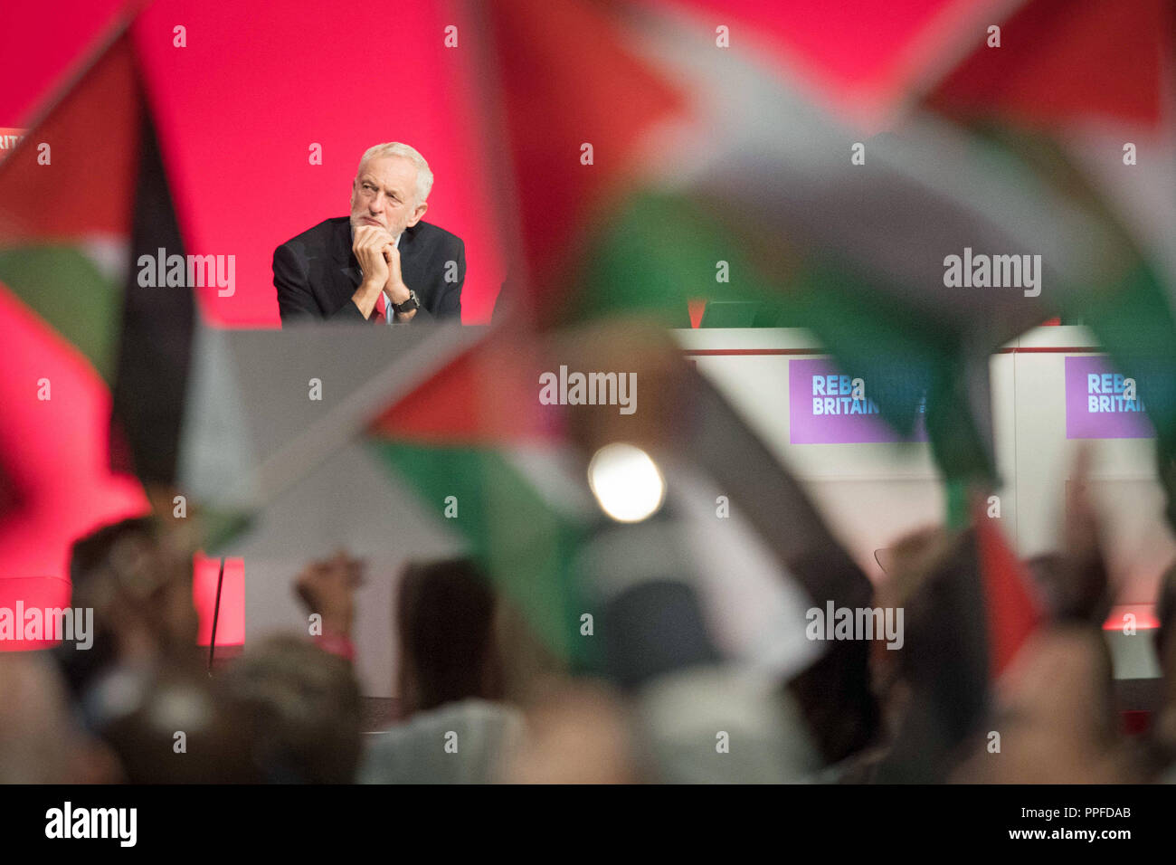 Labour leader Jeremy Corbyn on the platform during the Labour Party's annual conference at the Arena and Convention Centre (ACC), in Liverpool. Stock Photo