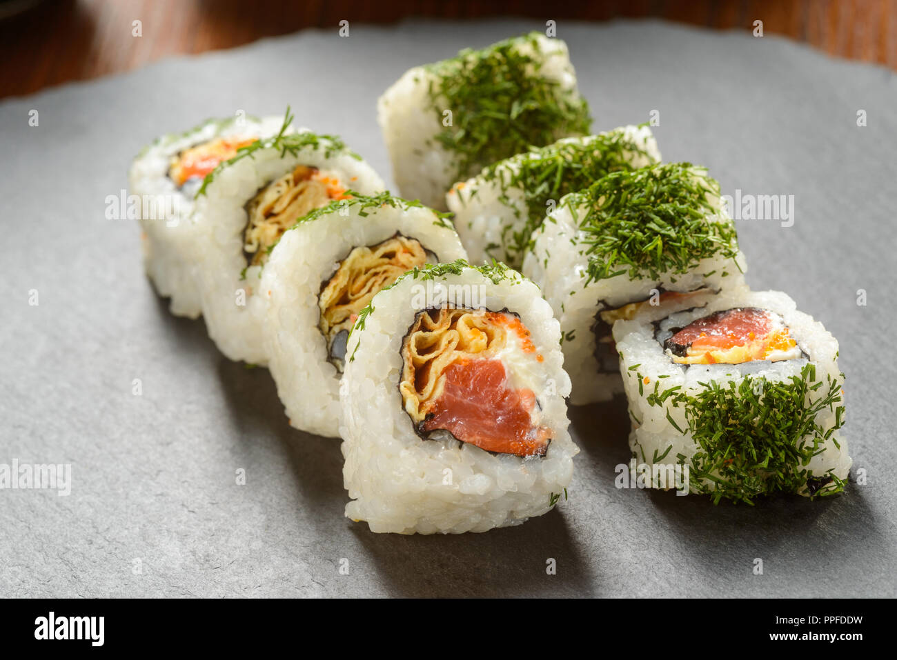 Smoked salmon sushi rolls Stock Photo - Alamy